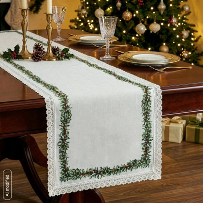 Biela šerpa 40x140 cm s vetvičkami - behúň na stôl Biela šerpa 40x140 cm s vetvičkami - behúň na stôl